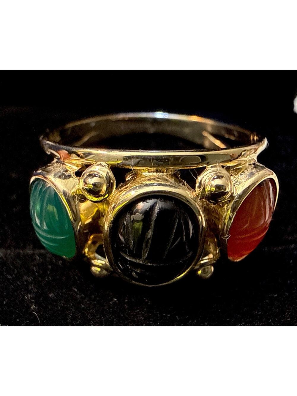 Vintage 14K Gold Egyptian Revival Trio Scarab Ring Multi Gemstone Size 10
